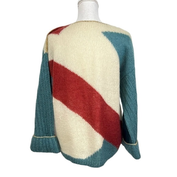 Boxy Geometric Print Fuzzy Mohair Blend Sweater Gold Trim Vintage Handmade - Picture 2 of 8